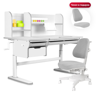 Комплект Kinderzen Dali Plus парта + кресло + надстройка + выдвижной ящик + органайзер + подставка для книг белый/серый с серым креслом Armata